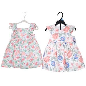Lot of 2 Carter's Baby Girl Dresses 9 Month Layered Floral Ruffle Sleeves Lined